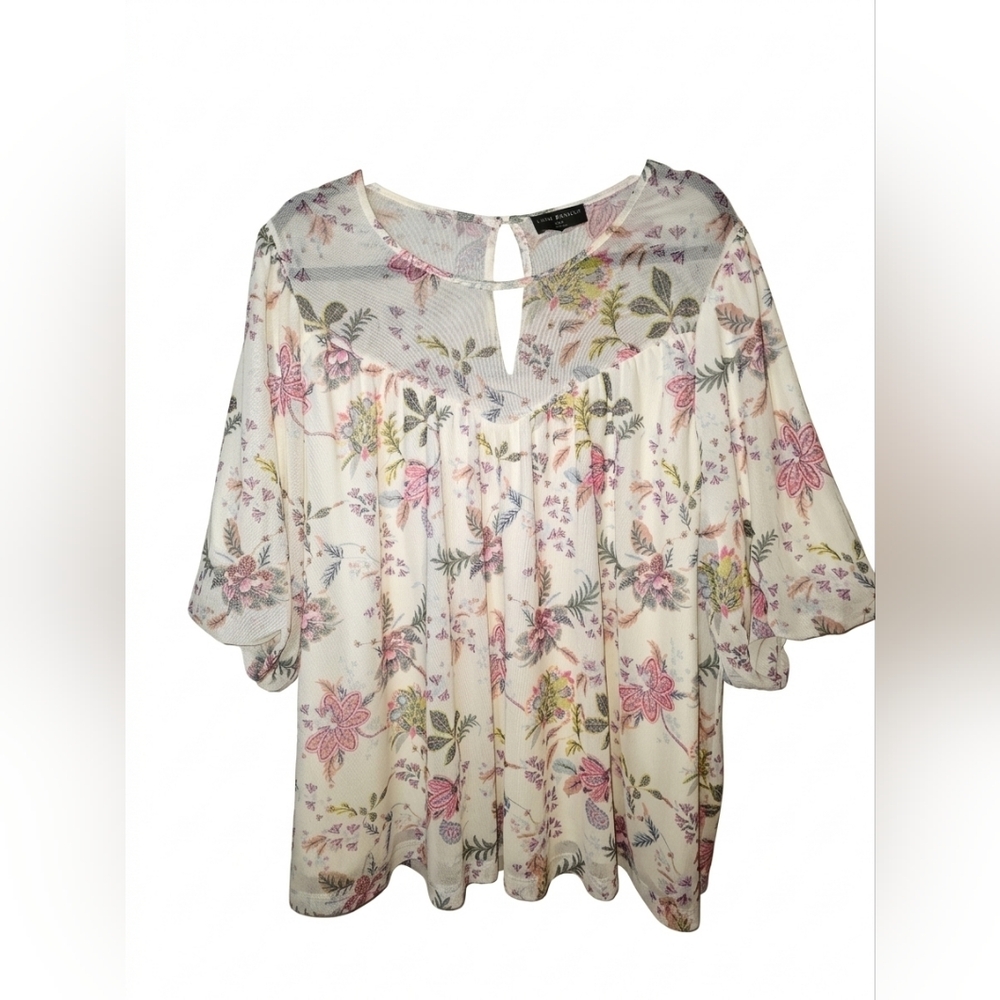 Floral Peasant Blouse in Cream and‎ Pink - Semi Sheer Bubble Sleeve - Picture 2 of 13